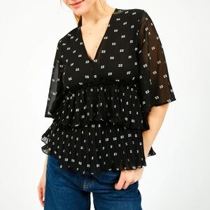 GANNI Black Graphic V Neck Georgette Flounce Blouse Short Sleeve size 38 NWT